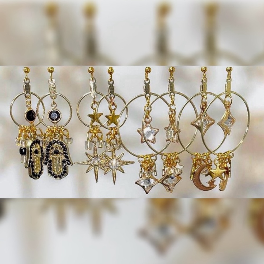 Gold Celestial Dangle Hoop Earrings with Intricate Designs